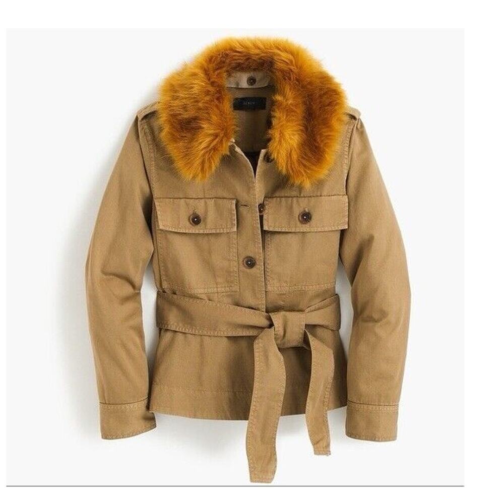 NWT J. Crew Belted Utility Jacket Army Brown Removable Faux Fur Collar Coat